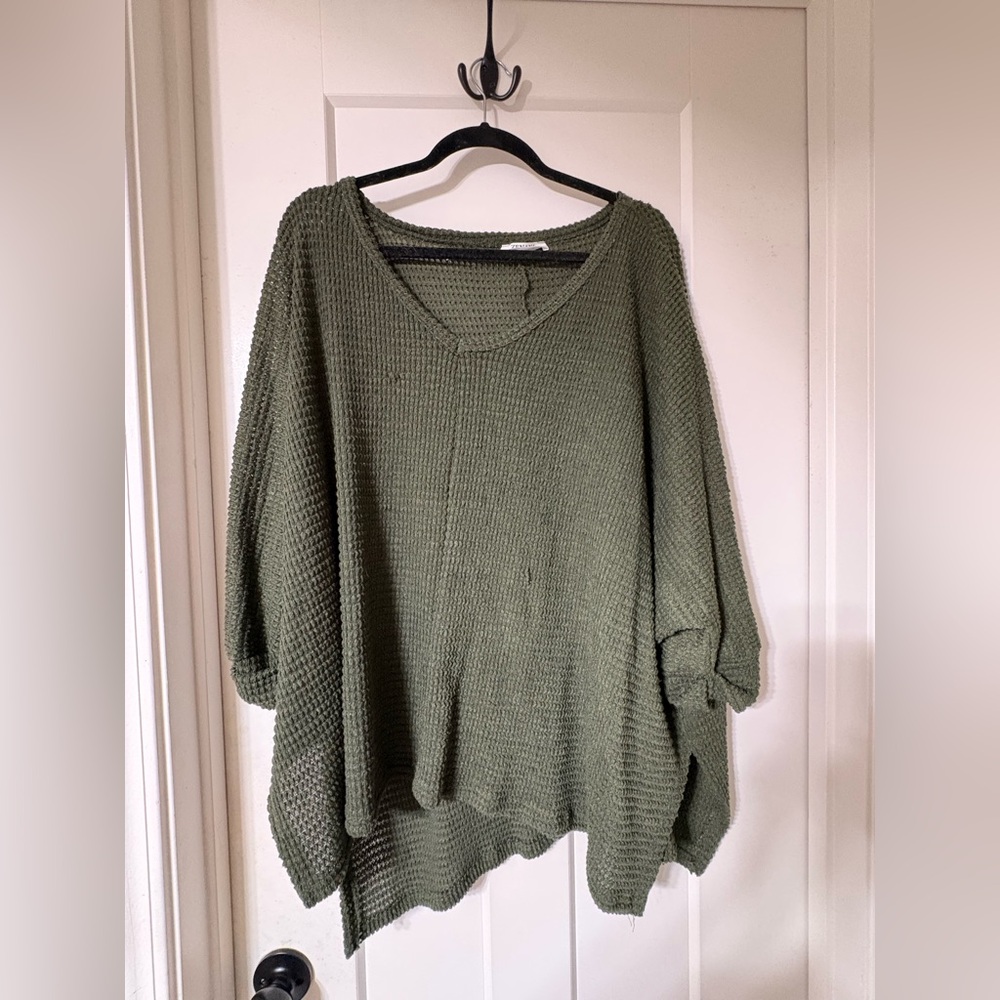 Zenana Olive Green V-Neck Oversized Sweater